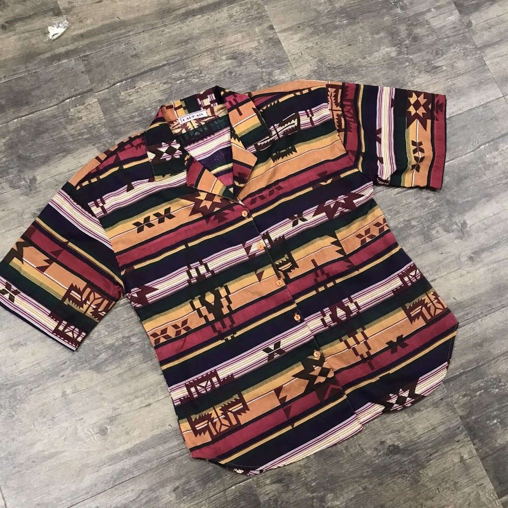 Vintage Cabrais Button Up Shirt Women‎ NO SIZE TAG Grandma Aztec Southwestern